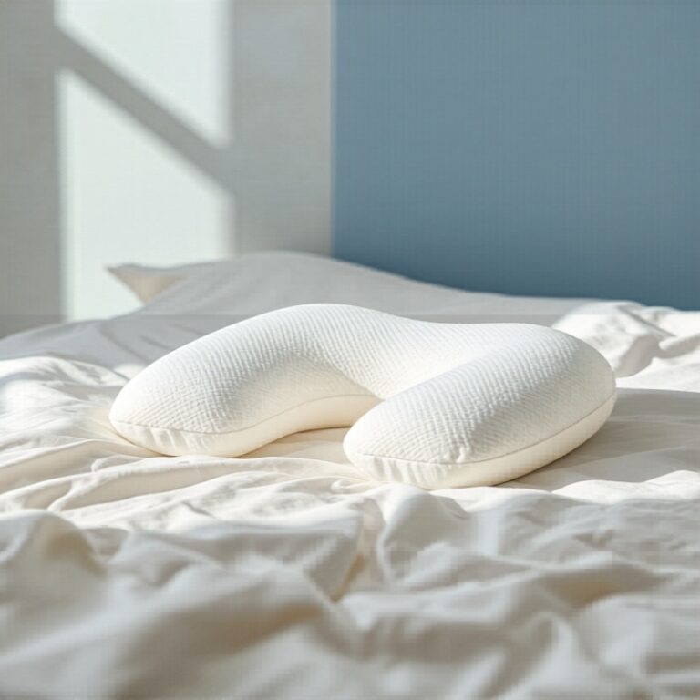 Derila ergonomic memory foam neck support pillow on white bedding