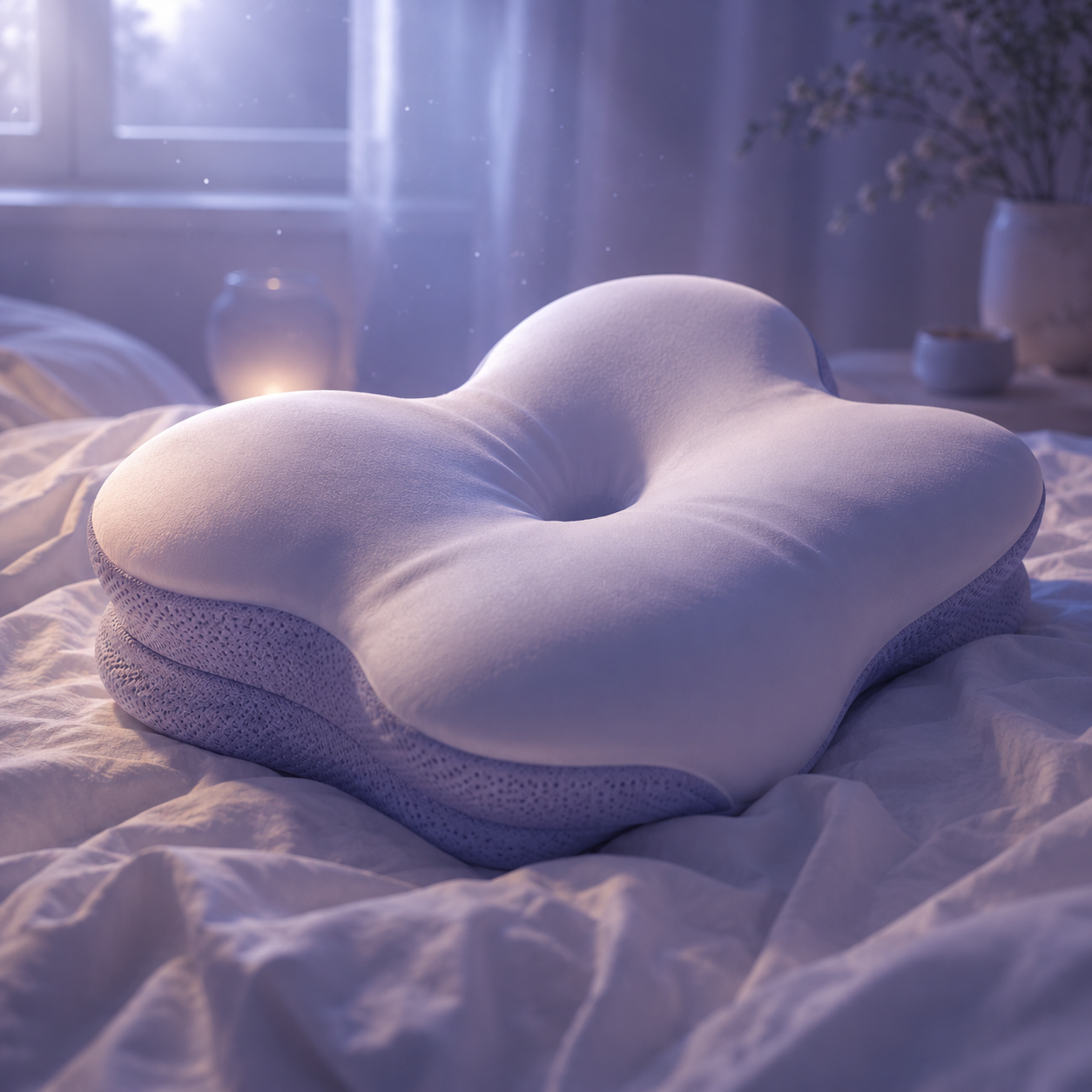 Contoured memory foam pillow resting on white bed linen in moonlight