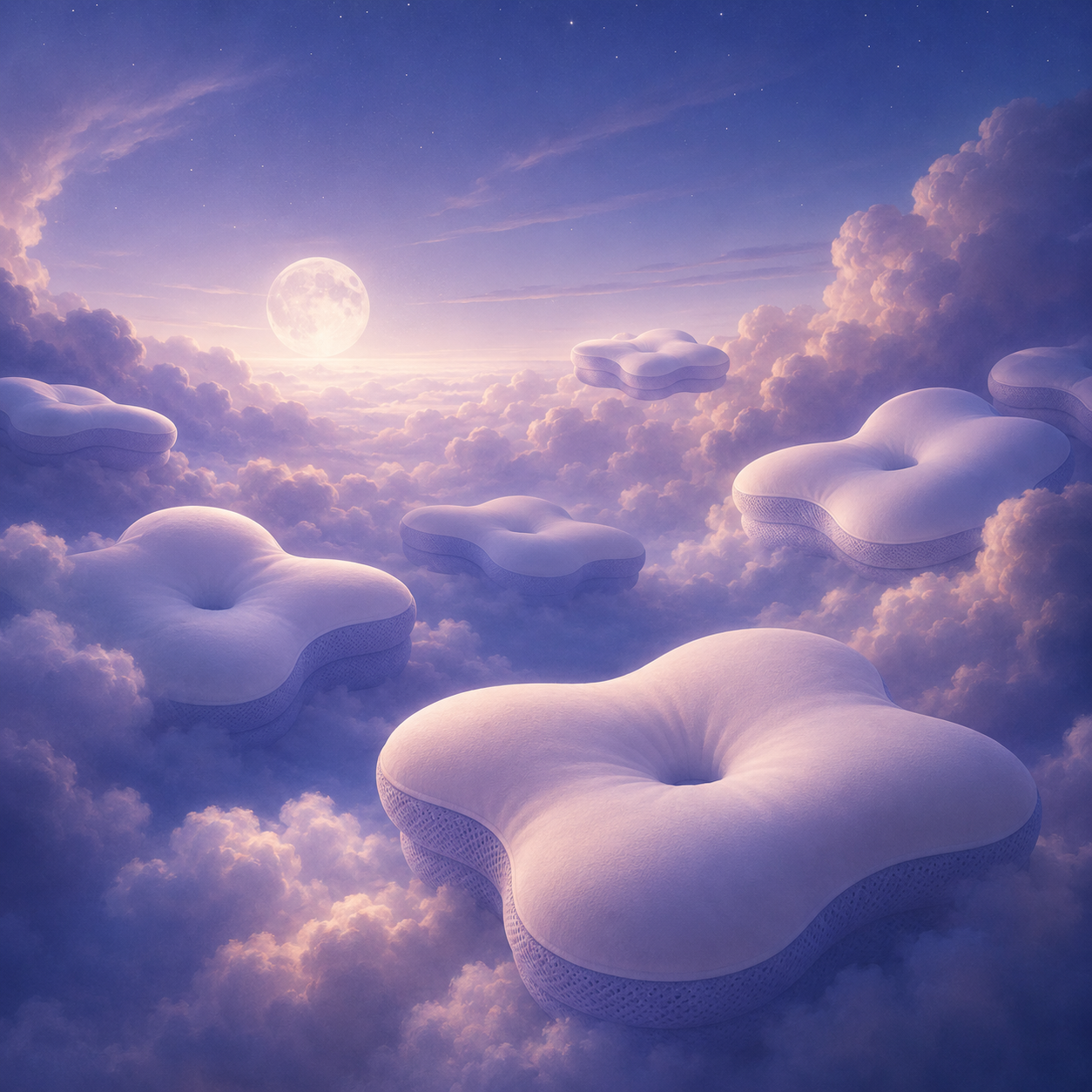 Dreamy illustration of contoured pillows floating among clouds at twilight
