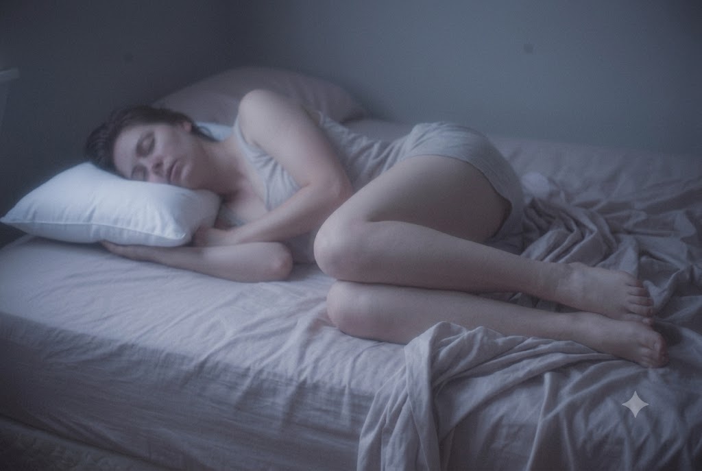 Side sleeper without knee support showing the top leg dropping forward and the pelvis rotating
