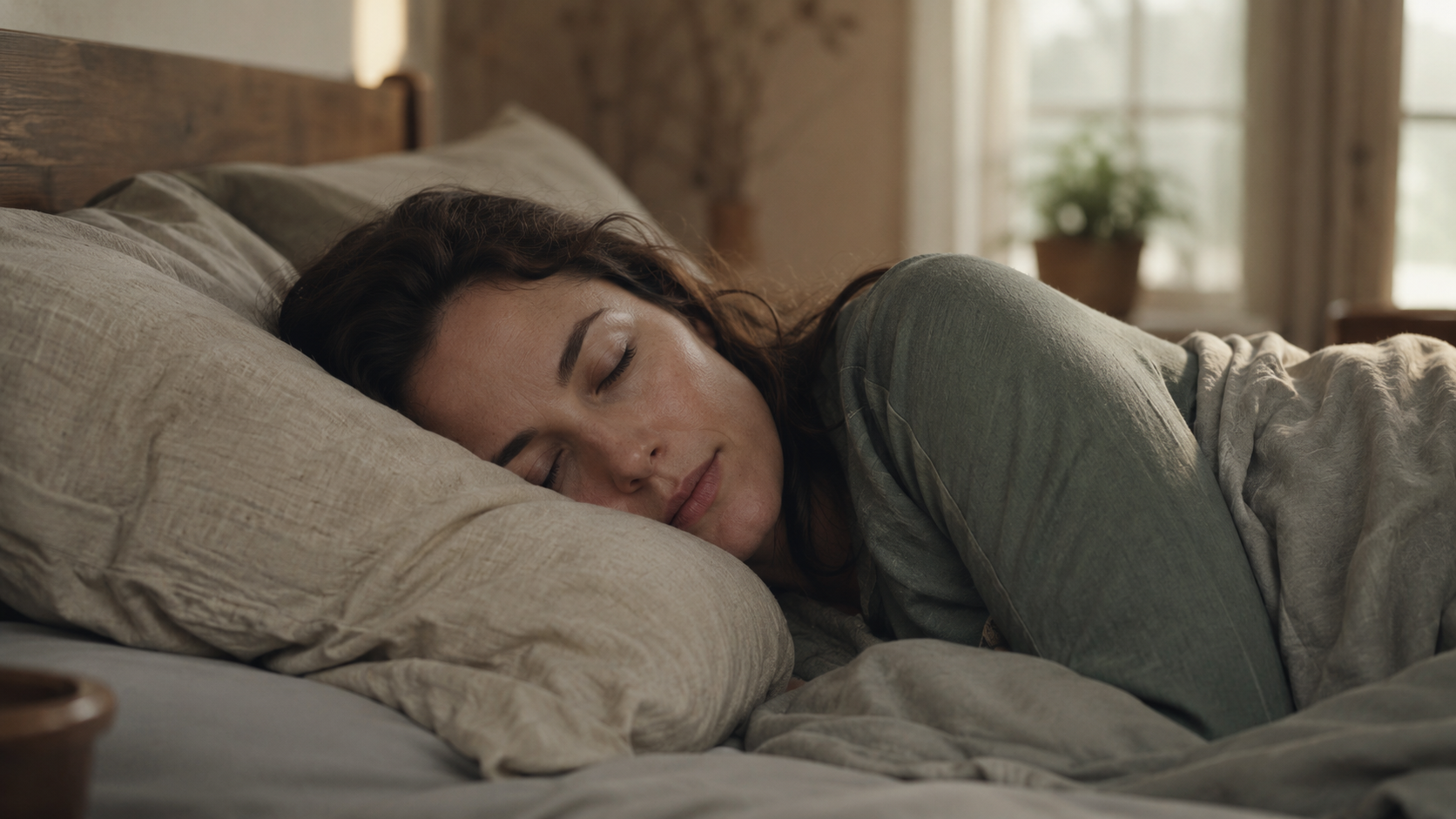 Woman asleep on her side with her cheek pressed deep into a soft linen pillow in morning light