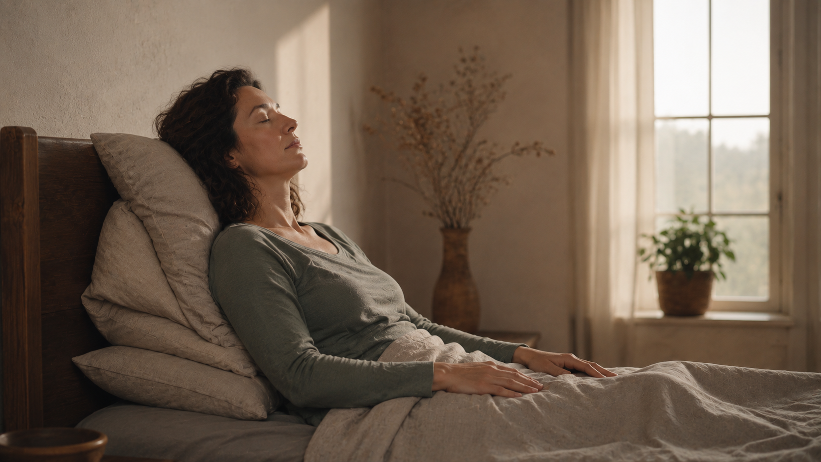 Woman propped upright against stacked pillows in soft morning light, eyes closed, hands resting on the duvet