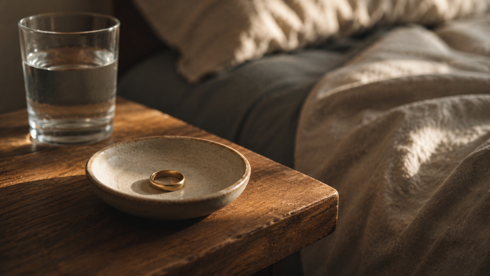 Plain gold ring resting in a small ceramic dish on a wooden bedside table beside a glass of water in early morning light