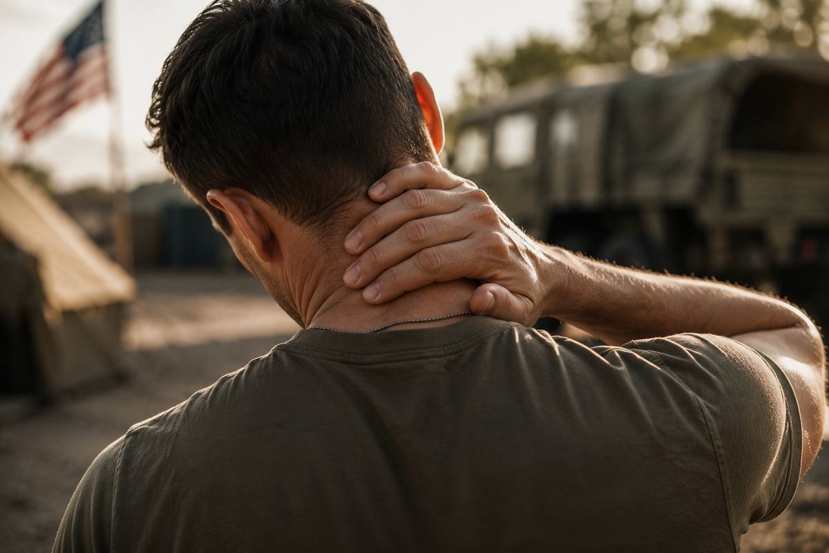A man in military uniform with his hand to the back of his neck, holding it in discomfort