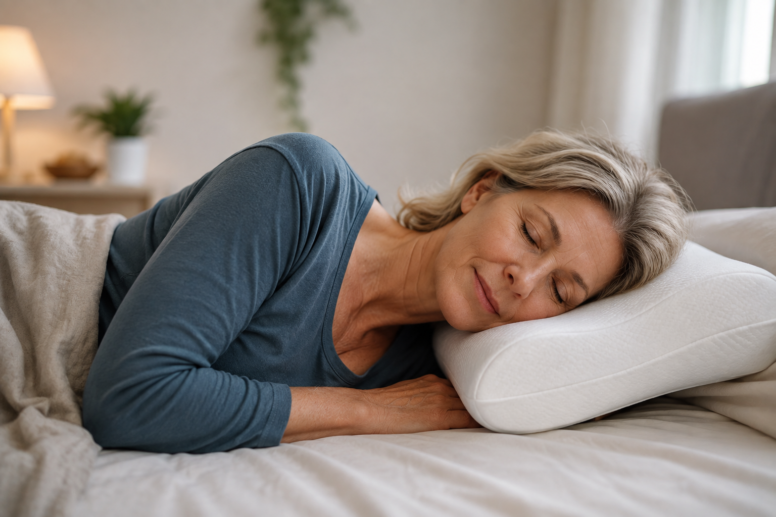 Woman sleeping on her side with knees drawn up, head supported on a contoured memory foam pillow