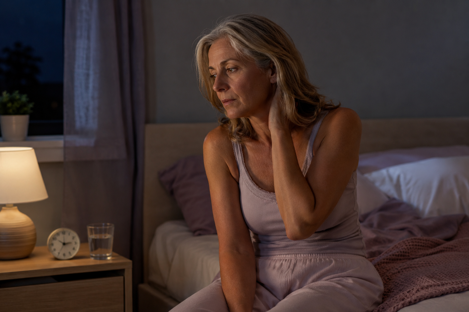 Woman in her fifties sitting awake on the edge of her bed at night in pale pyjamas, one hand at the back of her neck, with a lit bedside lamp, alarm clock and glass of water beside her