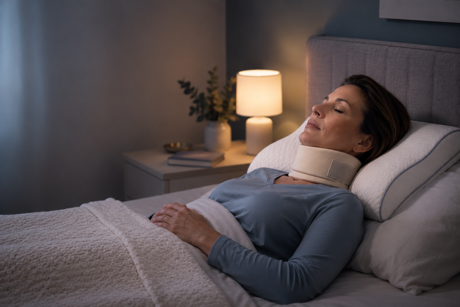 Person sleeping on their back with neck gently elevated and supported after cervical fusion surgery