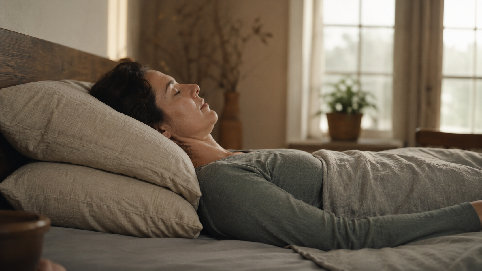 Side profile of a woman lying on her back with her head propped too high on two stacked pillows, chin pushed toward her chest