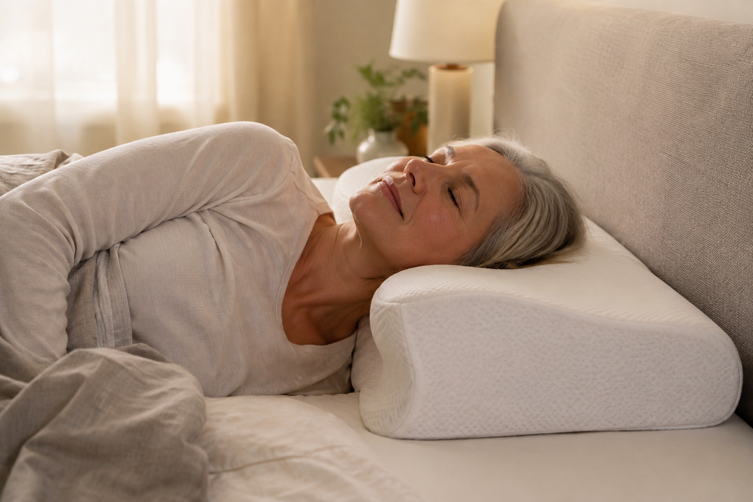 Person sleeping on their side with the neck aligned on an ergonomic contour pillow for cervical spondylosis
