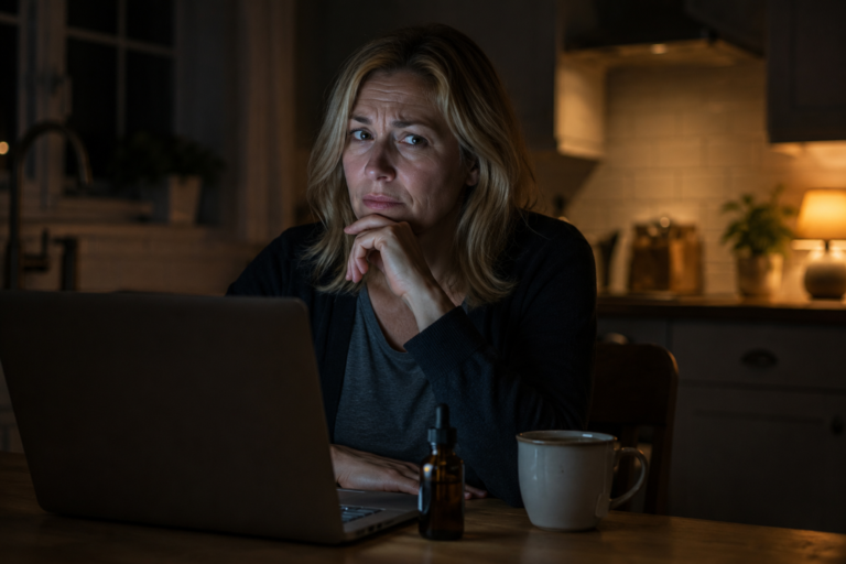 Skeptical woman in her late forties reading reviews on a laptop at her kitchen table at night, an unbranded amber dropper bottle and mug of tea beside her