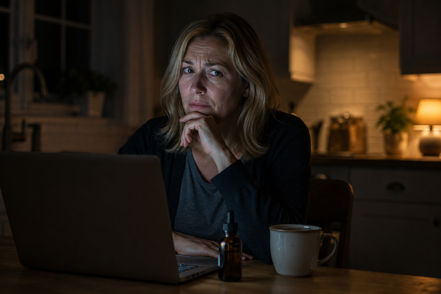 Skeptical woman in her late forties reading reviews on a laptop at her kitchen table at night, an unbranded amber dropper bottle and mug of tea beside her