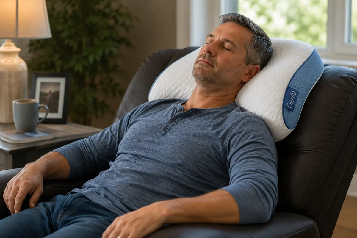 Contoured memory foam pillow supporting the neck in a reclined chair
