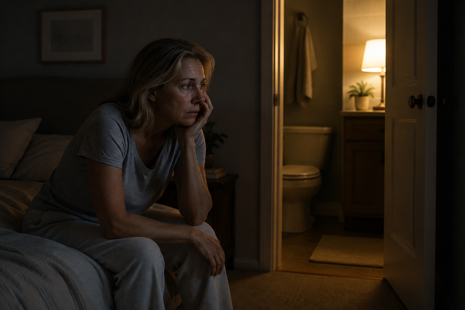 Middle-aged woman sitting awake on the edge of her bed at night, resting her head on her hand, looking toward the softly lit bathroom doorway