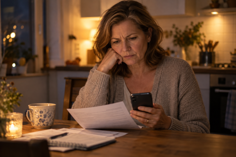 Woman at a kitchen table in the evening frowning at her phone and a paper statement, checking a subscription charge