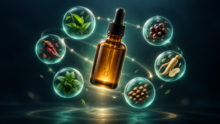 Amber dropper bottle surrounded by glass orbs holding green tea, chilli, grape seed and root ingredients