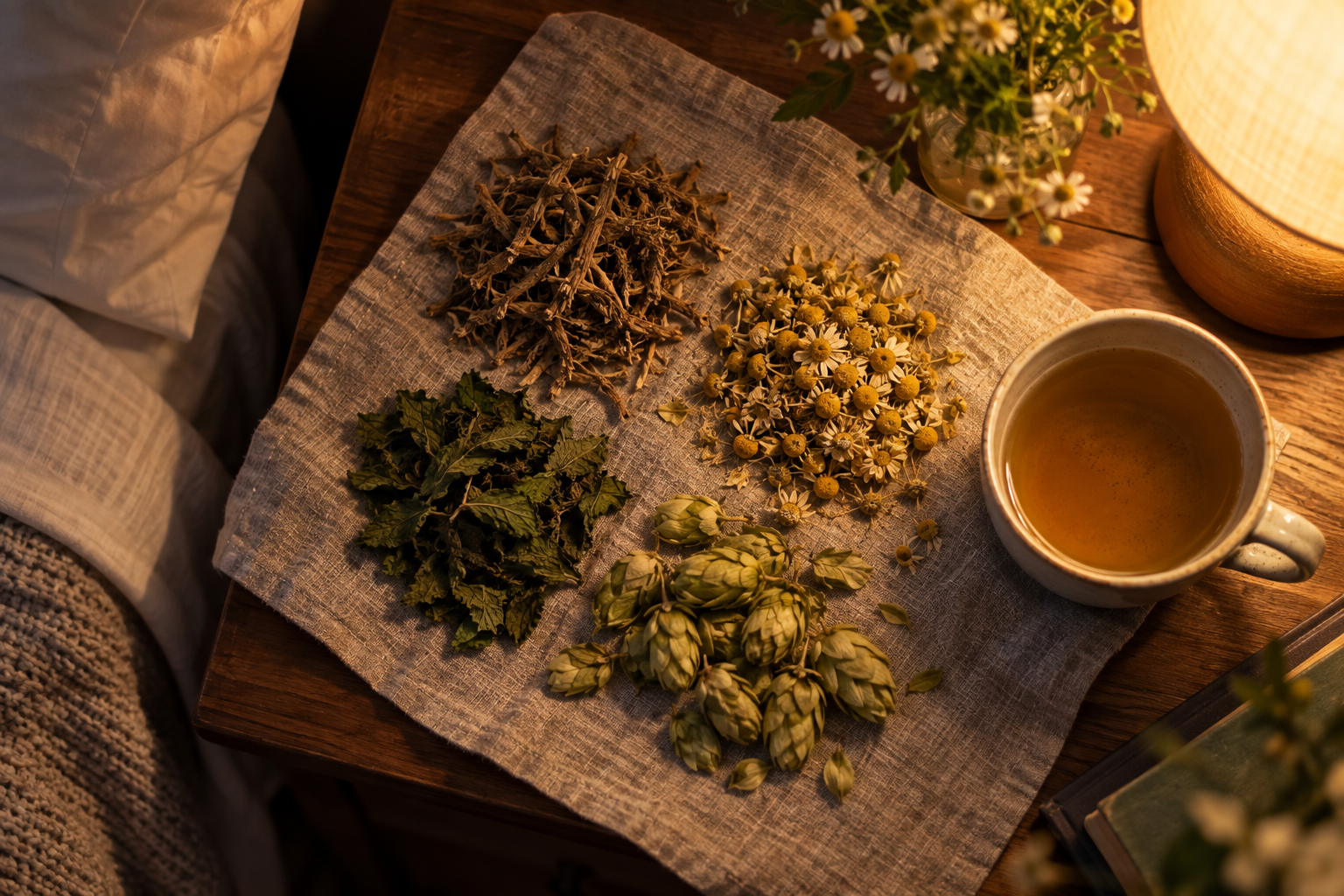 Dried valerian root, chamomile, lemon balm and hops on linen beside a cup of herbal tea on a bedside table