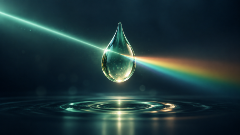 A single droplet splitting a beam of light into a spectrum against a dark background