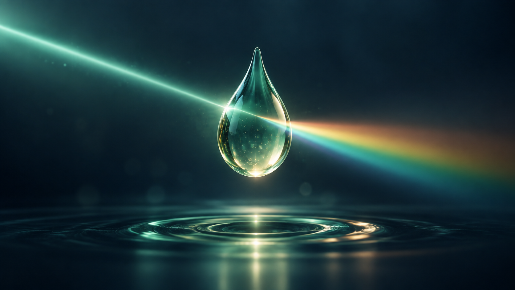 A single droplet splitting a beam of light into a spectrum against a dark background