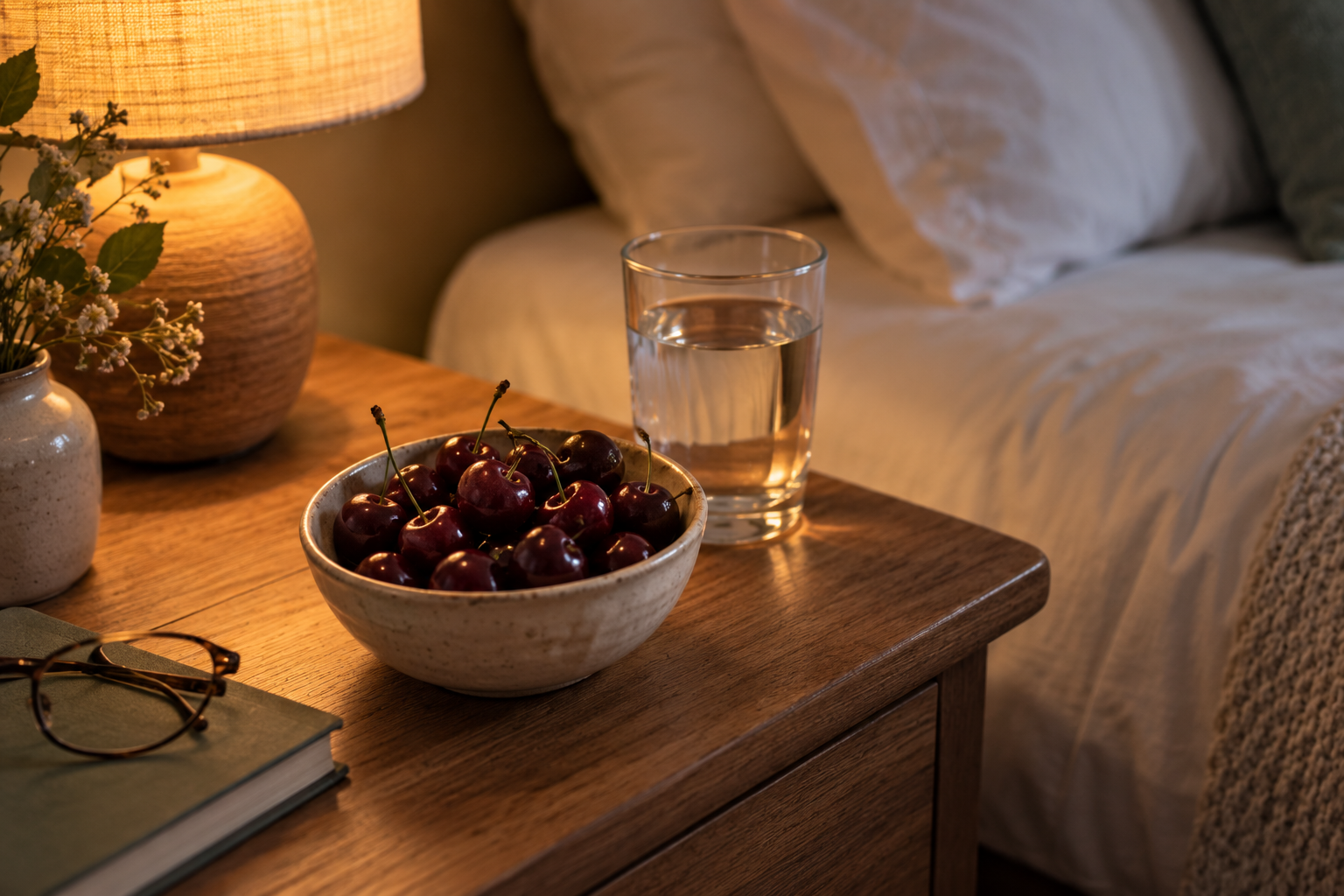 Bowl of tart cherries and a glass of water on a nightstand beside a made bed in warm lamp light