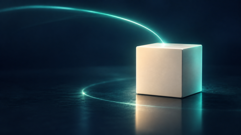 Abstract cream cube on a dark plane with a teal light trail arriving, representing a shipped order