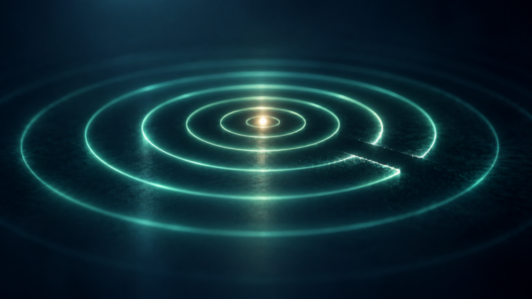 Concentric teal signal rings on a dark background with one ring broken and out of alignment