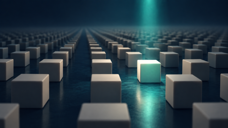 Endless grid of identical unmarked cream cubes in a dark space with one lit by teal light