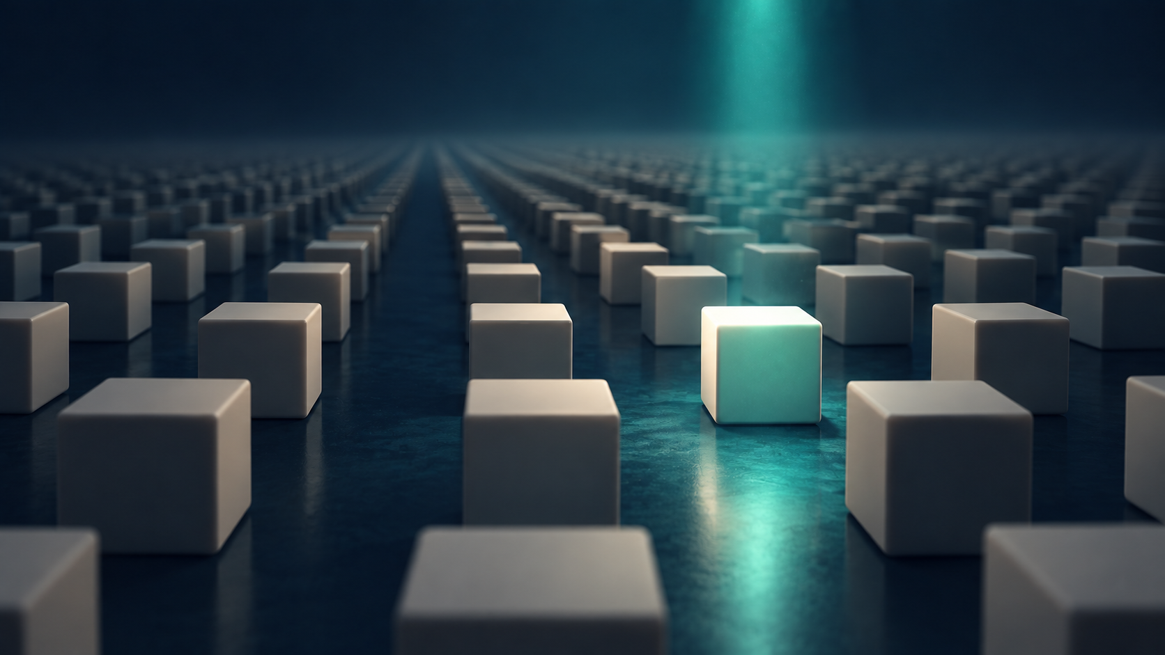 Endless grid of identical unmarked cream cubes in a dark space with one lit by teal light