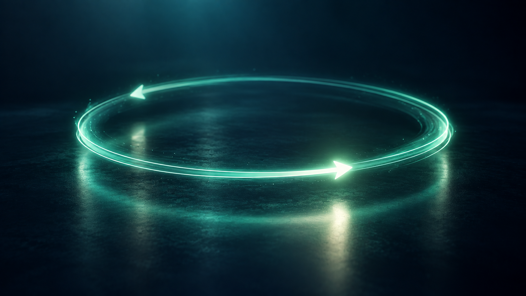 A teal light path looping back to where it started above a dark reflective plane