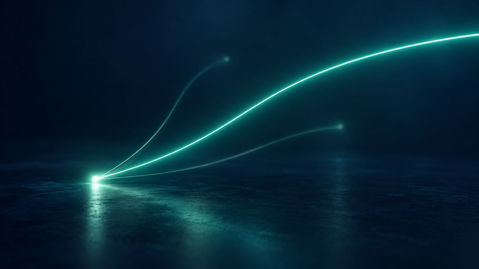 Three light paths rising from one point, two fading into the dark and one continuing bright