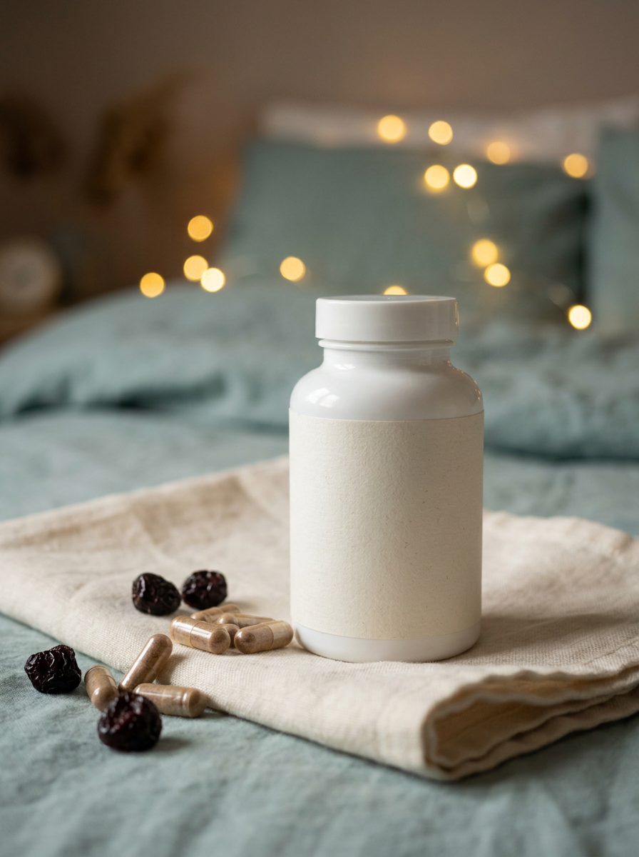 Unbranded sleep supplement capsule bottle with capsules and tart cherries, editorial photo for the Genius Sleep Aid review