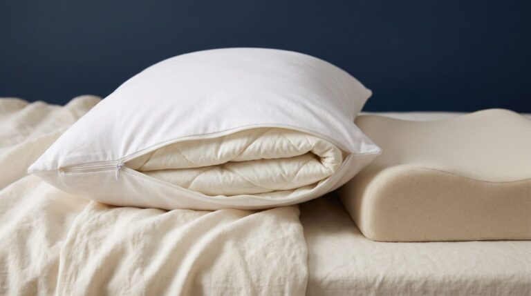 An open adjustable pillow showing removable fill layers beside a solid contoured foam pillow
