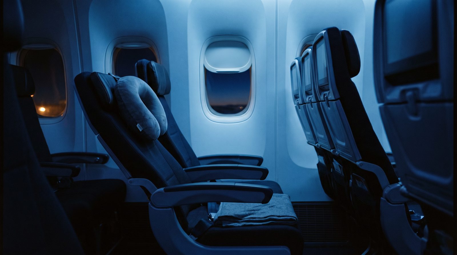 A dimly lit wide-body aircraft cabin at night with an empty reclined window seat, a grey horseshoe travel pillow on the seat and a folded blanket over the armrest