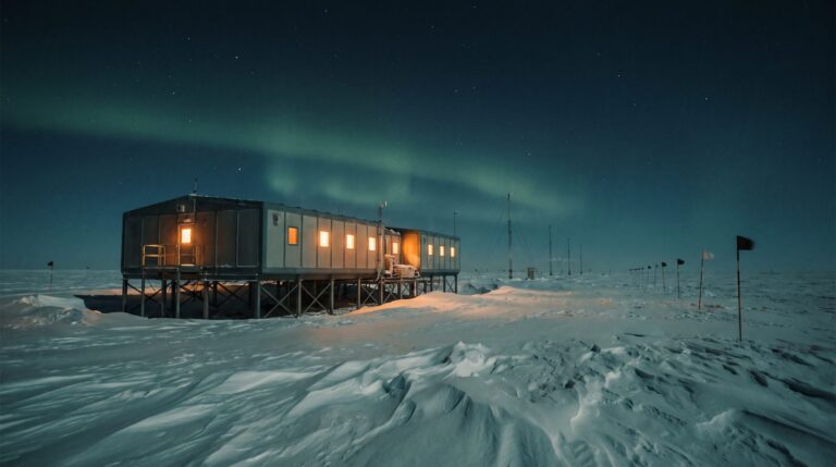 A small Antarctic research station on stilts over snow, windows glowing amber under a dark sky with faint aurora