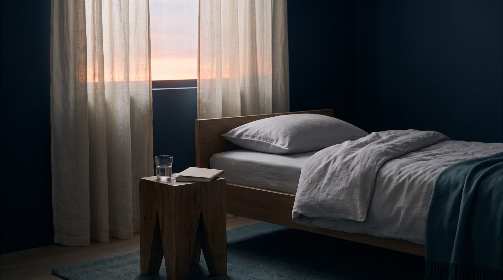 A dark, cool bedroom at dawn with linen curtains, a single pillow, and a notebook and glass of water on the bedside table