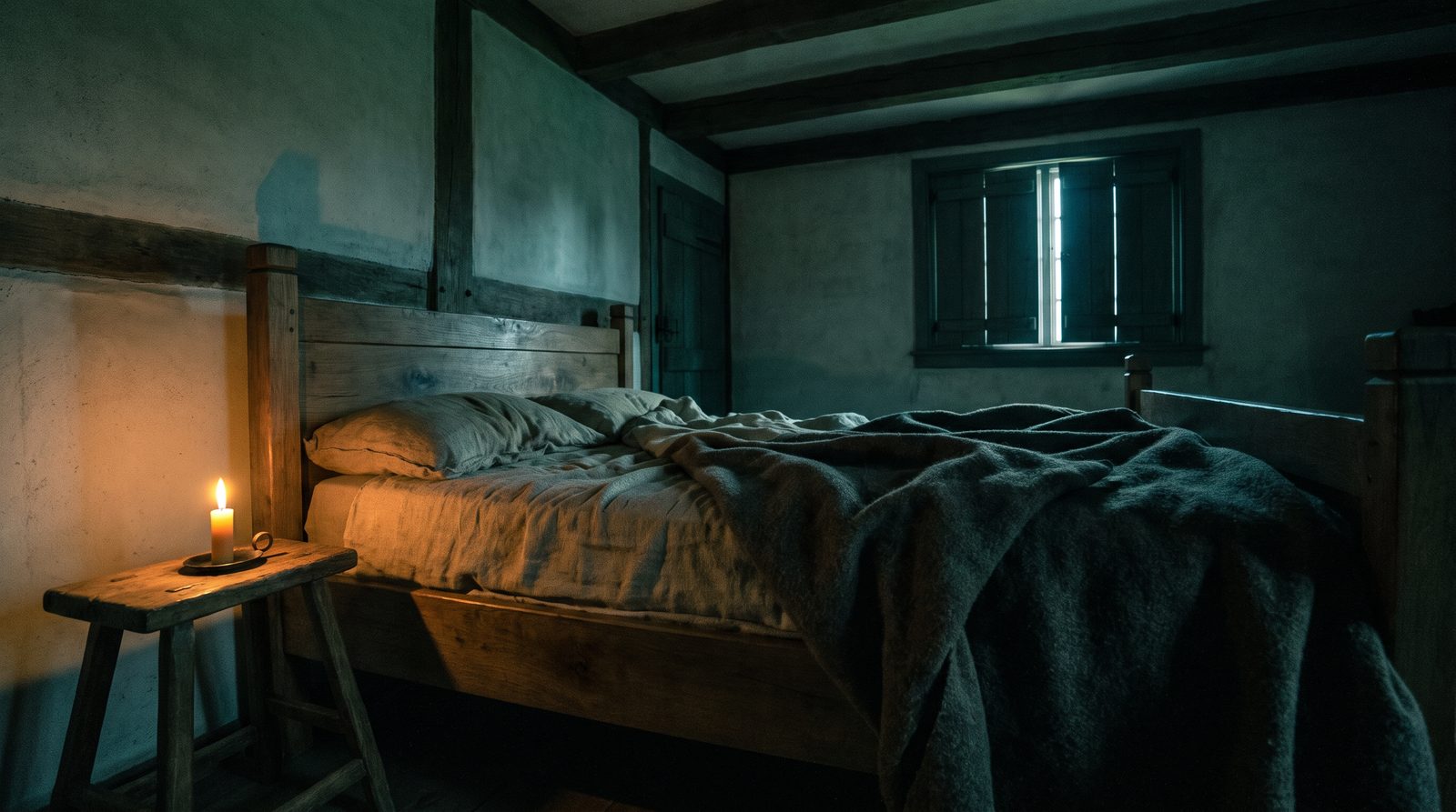 A pre-industrial bedchamber at night lit by a single low candle, bedding thrown back beside a shuttered window