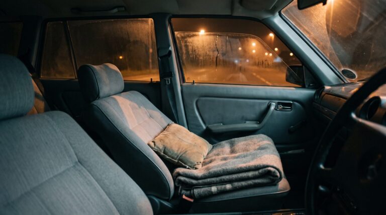The reclined front passenger seat of a parked car at night with a folded blanket and cushion at the headrest, a window cracked open, street lighting blurred outside