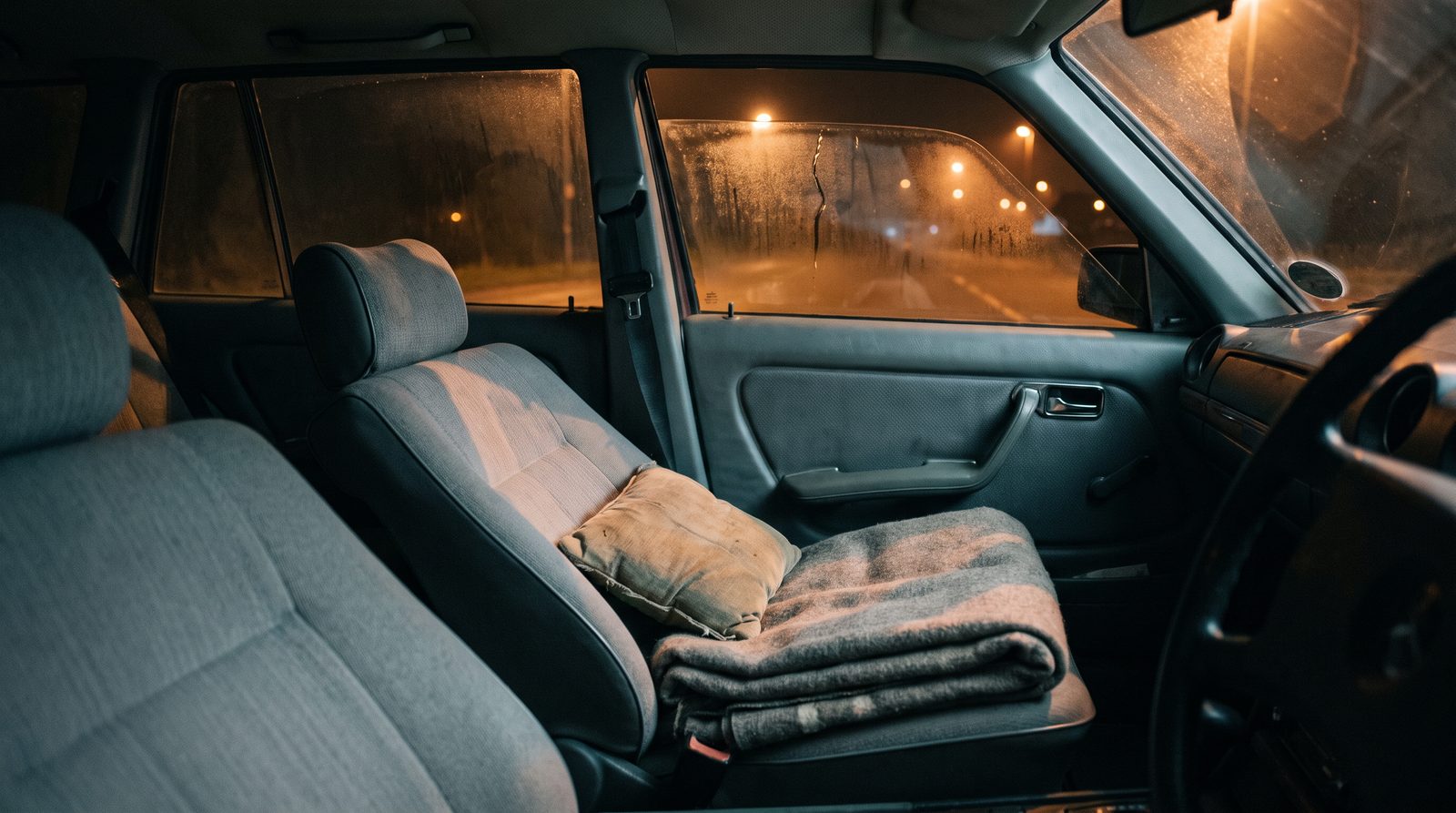 The reclined front passenger seat of a parked car at night with a folded blanket and cushion at the headrest, a window cracked open, street lighting blurred outside
