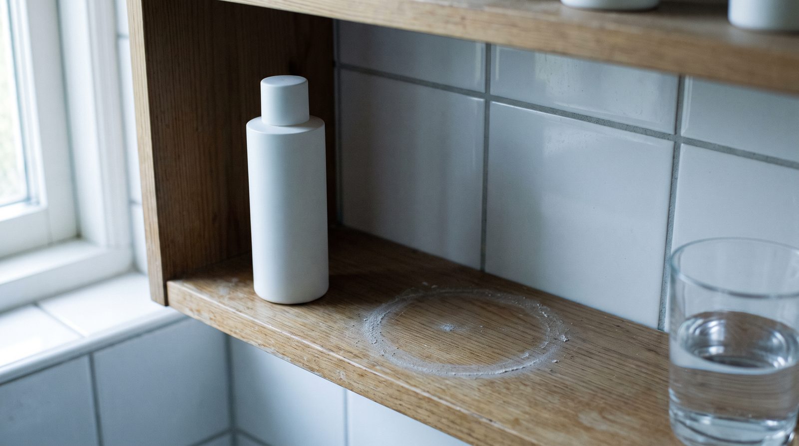 A near-empty bathroom cabinet shelf in morning light with one plain unlabelled white supplement bottle and a gap where other bottles once stood