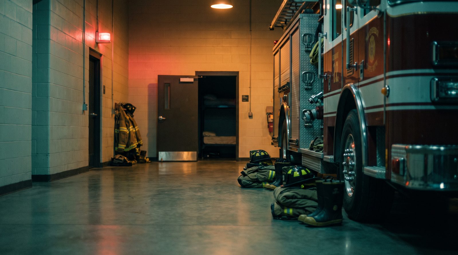 Sets of firefighter bunker gear and boots laid out ready beside a fire engine in a dim station bay at night