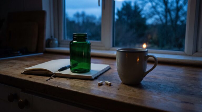 A plain unlabelled dark green supplement bottle on a kitchen worktop at dusk beside an open notebook and a mug of herbal tea