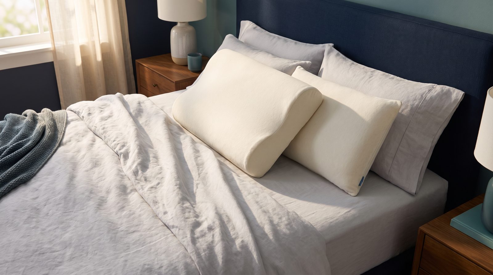 A bed with a contoured memory foam pillow and a second slim pillow placed beside it to support the arm