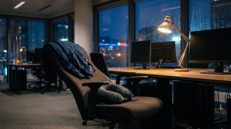 An office task chair reclined as far back as it will go with a jacket over the backrest and a travel neck pillow on the seat, in a darkened open-plan office lit by one desk lamp