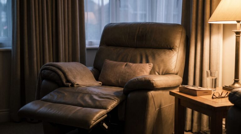 A partly reclined chair in an evening living room with a small firm cushion propped on the seat and a light blanket folded on the armrest