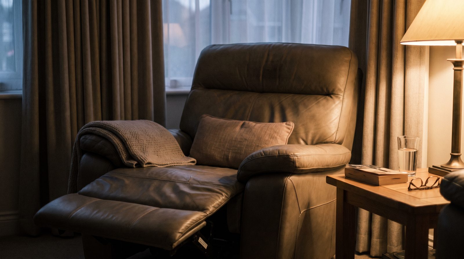 A partly reclined chair in an evening living room with a small firm cushion propped on the seat and a light blanket folded on the armrest