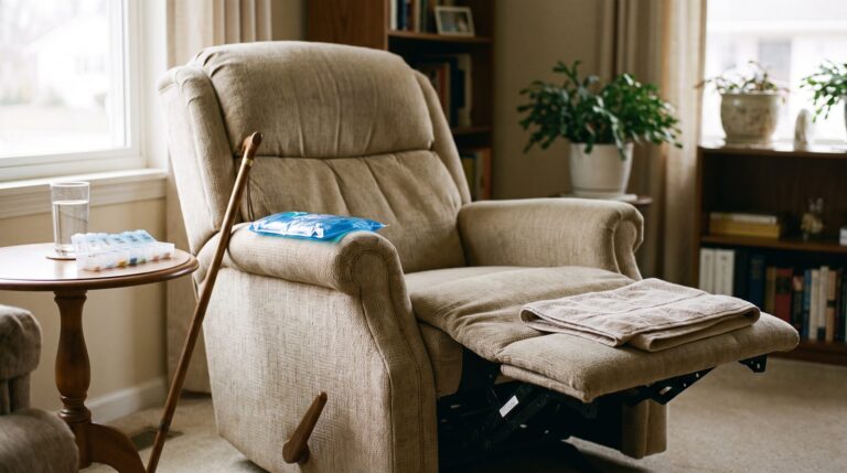 A reclined living room chair with the footrest raised and a folded towel supporting one leg, a cold pack on the armrest and a walking stick leaning against the side