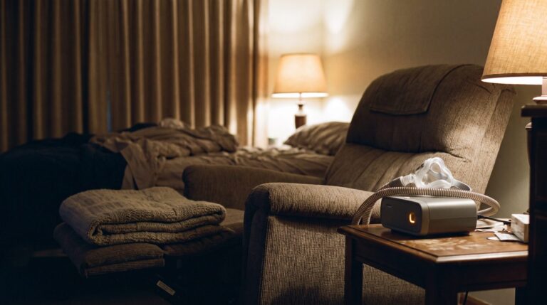 A reclined chair in a darkened bedroom with a folded blanket, beside a side table holding a CPAP machine with its hose coiled and mask resting on top