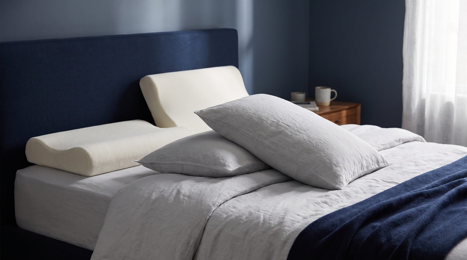 A bed set up for side sleeping with a contoured head pillow, a pillow to hug and a pillow between the knees