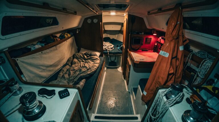 Narrow yacht bunk with a canvas lee cloth, sleeping bag, eye mask and a small timer, lit by a dim red chart table glow