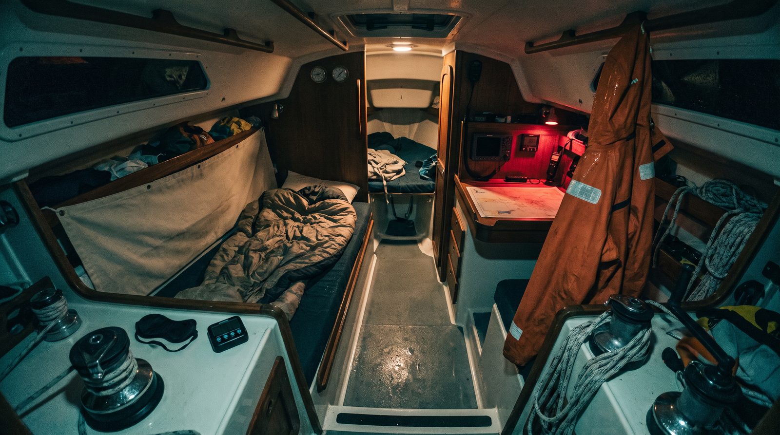 Narrow yacht bunk with a canvas lee cloth, sleeping bag, eye mask and a small timer, lit by a dim red chart table glow