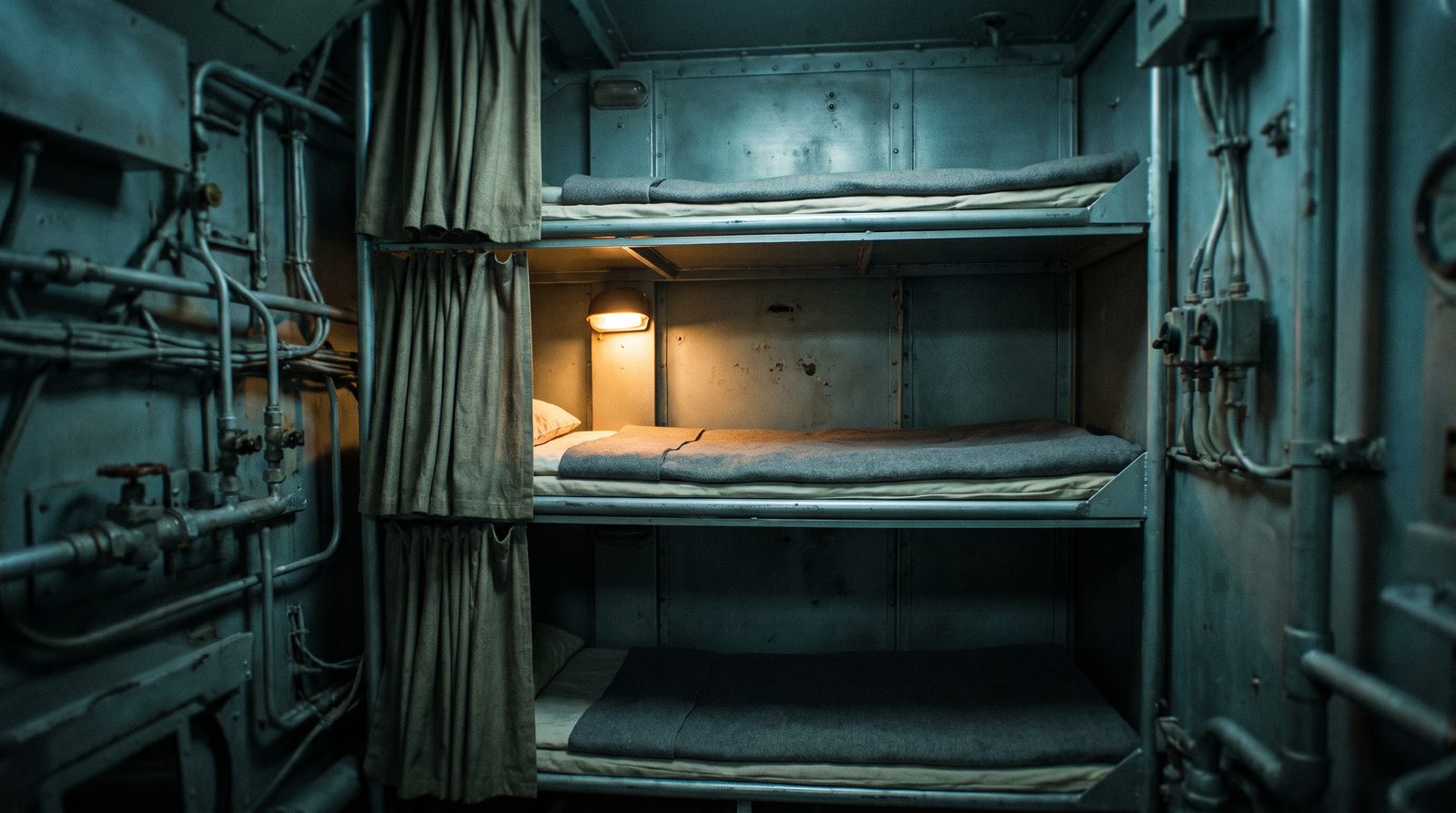 Three metal bunks stacked in a cramped submarine compartment with privacy curtains and dim amber lighting